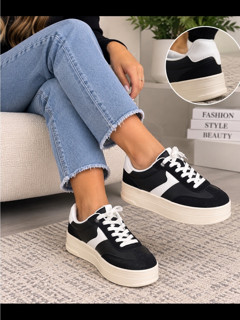 No Boundaries Black and White Retro Lace-Up Sneakers